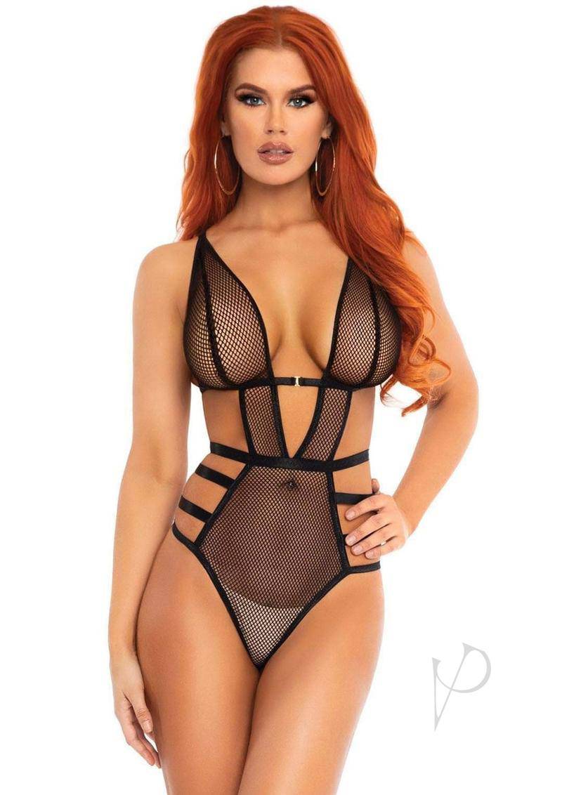 Fishnet Cut Out Strappy G-String Teddy with Adjustable Straps - Small - Black - Chambre Rouge