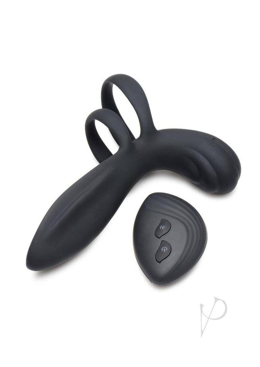 Trinity Men Rechargeable Silicone Vibrating Girth Enhancer with Remote Control - Black - Chambre Rouge