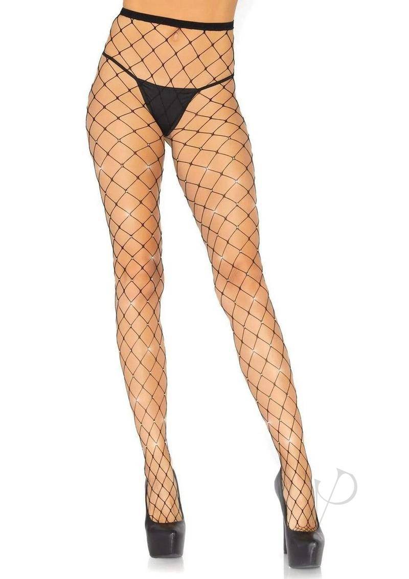 Leg Avenue Indescent Rhinestone Fence Net Tights - O/S - Black - Chambre Rouge