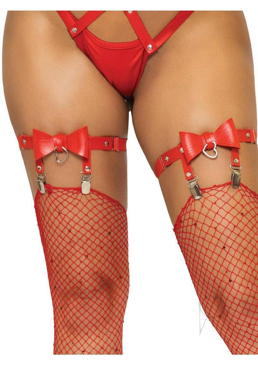 Thigh High Bow Garter with Adjustable Straps and Heart Ring Accent - O/S - Red - Chambre Rouge
