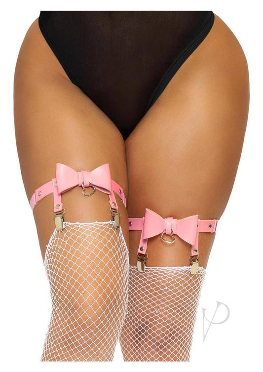 Thigh High Bow Garter with Adjustable Straps and Heart Ring Accent - O/S - Pink - Chambre Rouge