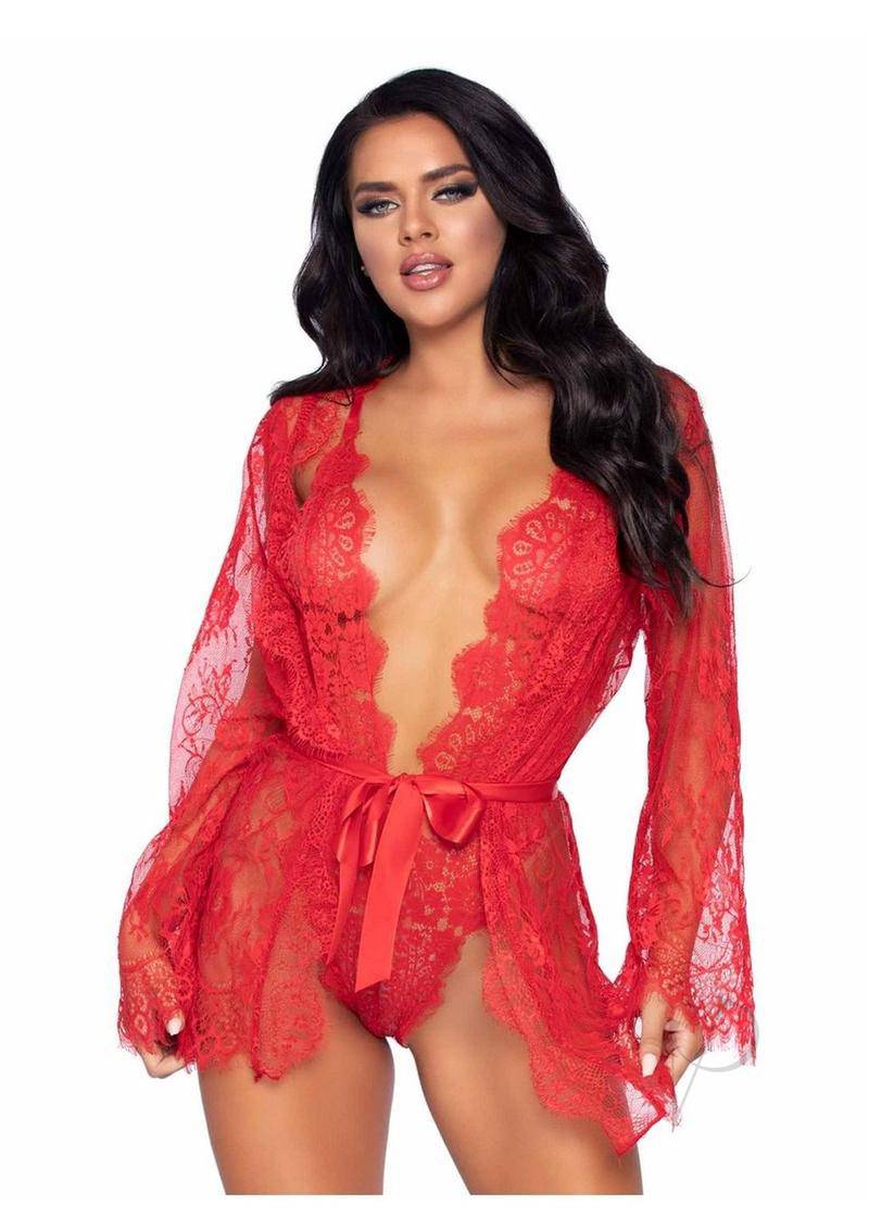 Leg Avenue Floral Lace Teddy with Adjustable Straps - Small - Red - Chambre Rouge