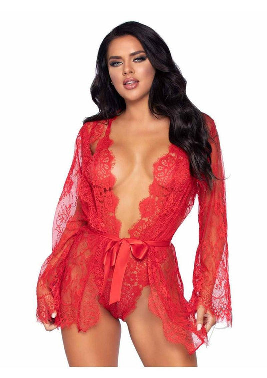 Leg Avenue Floral Lace Teddy with Adjustable Straps- Medium - Red - Chambre Rouge