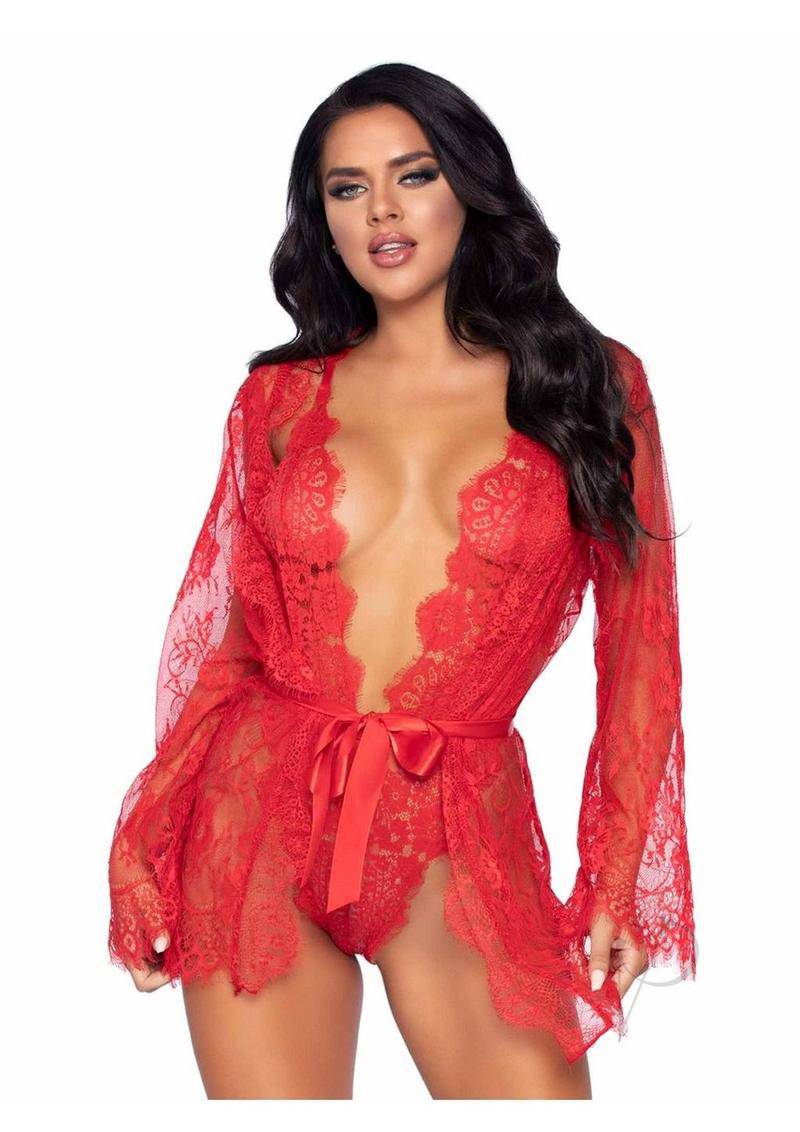 Leg Avenue Floral Lace Teddy with Adjustable Straps- Medium - Red - Chambre Rouge