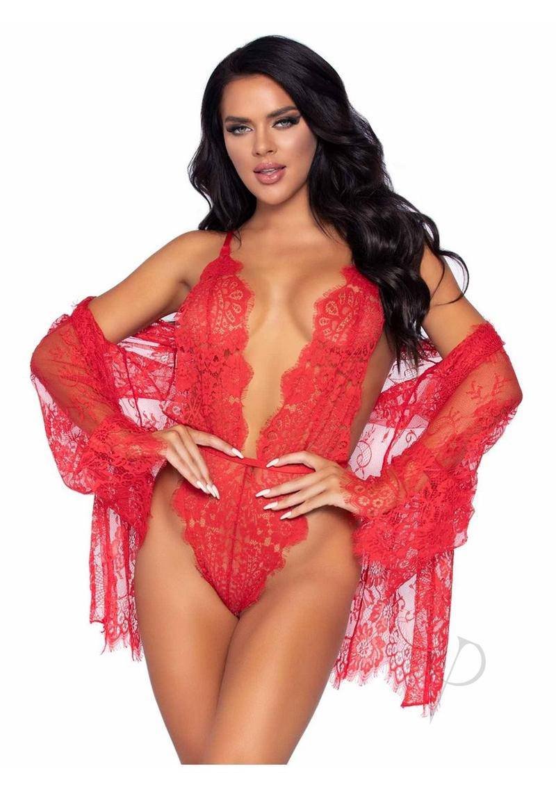 Leg Avenue Floral Lace Teddy with Adjustable Straps- Large - Red - Chambre Rouge