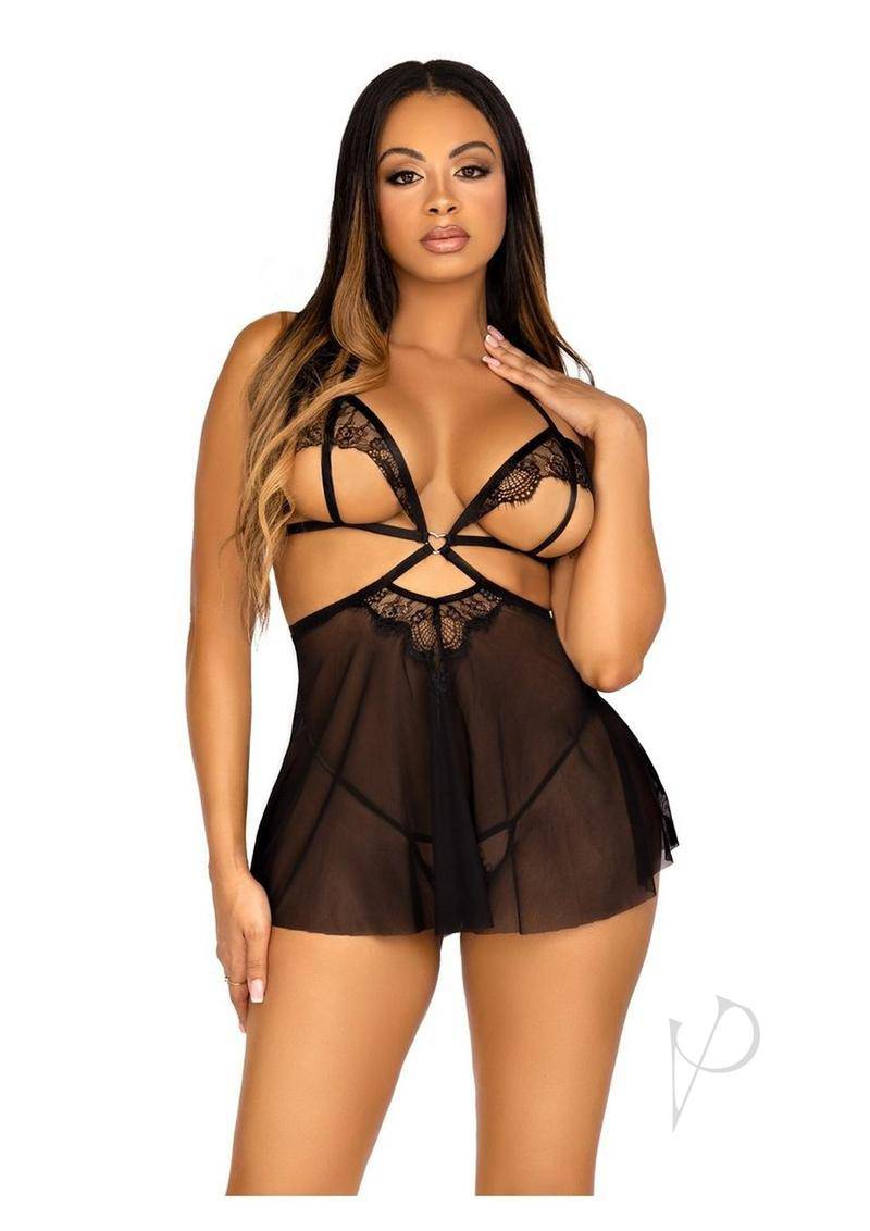 Leg Avenue Open Cup Eyelash Lace and Mesh Babydoll - Medium - Black - Chambre Rouge