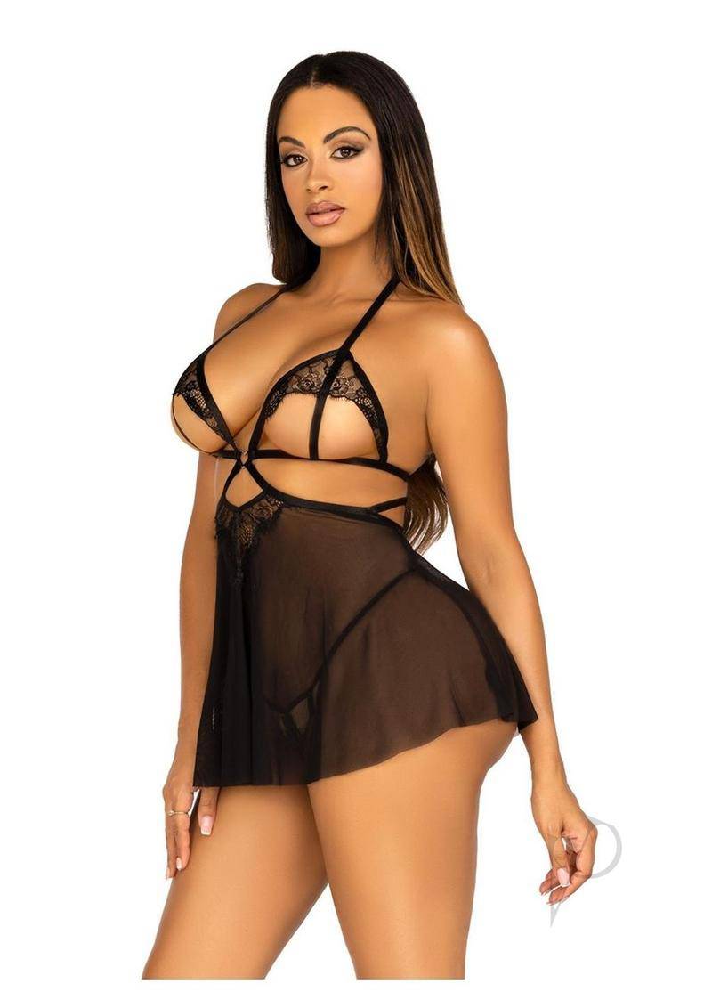 Leg Avenue Open Cup Eyelash Lace and Mesh Babydoll - Medium - Black - Chambre Rouge