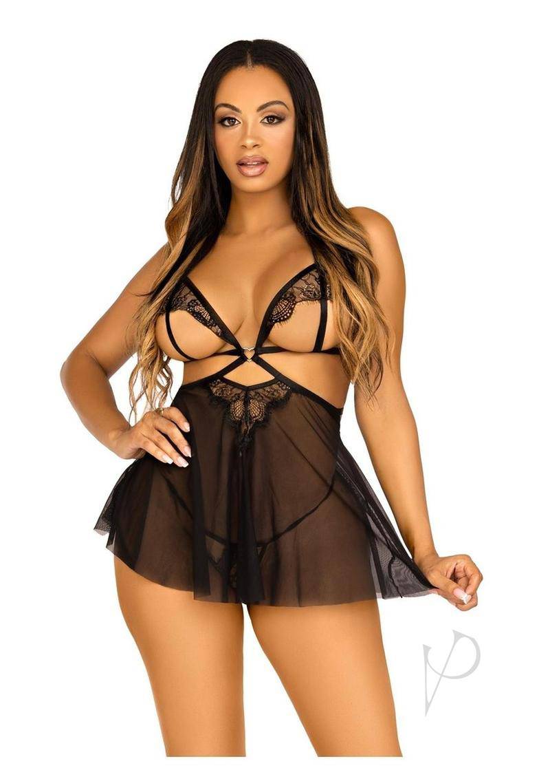 Leg Avenue Open Cup Eyelash Lace and Mesh Babydoll - Medium - Black - Chambre Rouge