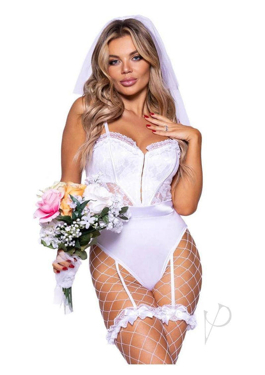 Bridal Babe Lace Garter Bodysuit (3 Piece) - Small - White - Chambre Rouge