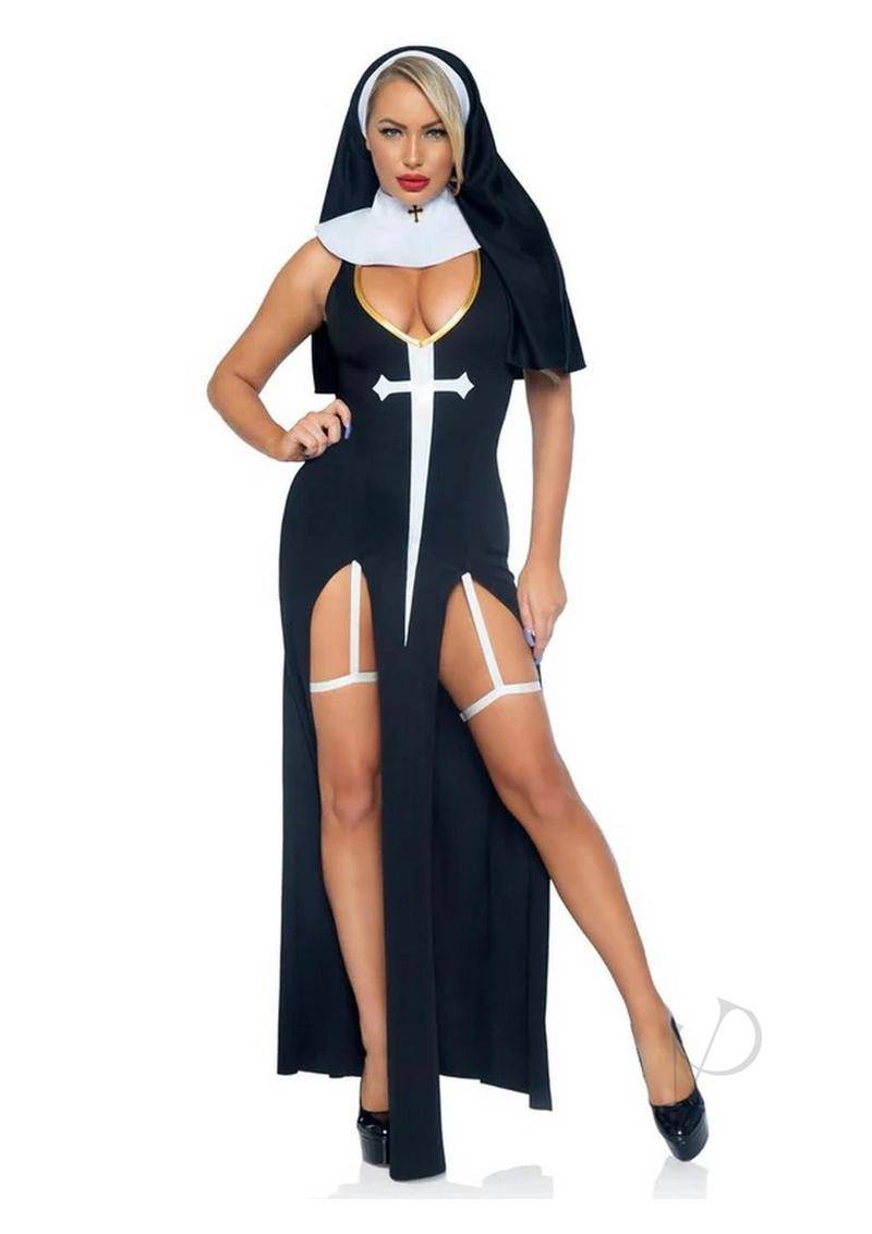 Sultry Sinner Dual Slit Garter Dress (3 Piece) - Small - Black/White - Chambre Rouge