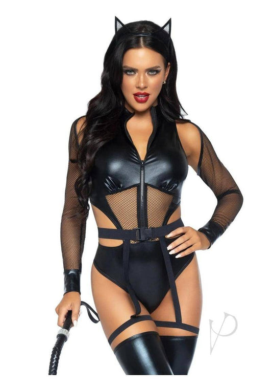 Criminal Kitty Cut-Out Zip Up Bodysuit (3 Piece) - Large - Black - Chambre Rouge