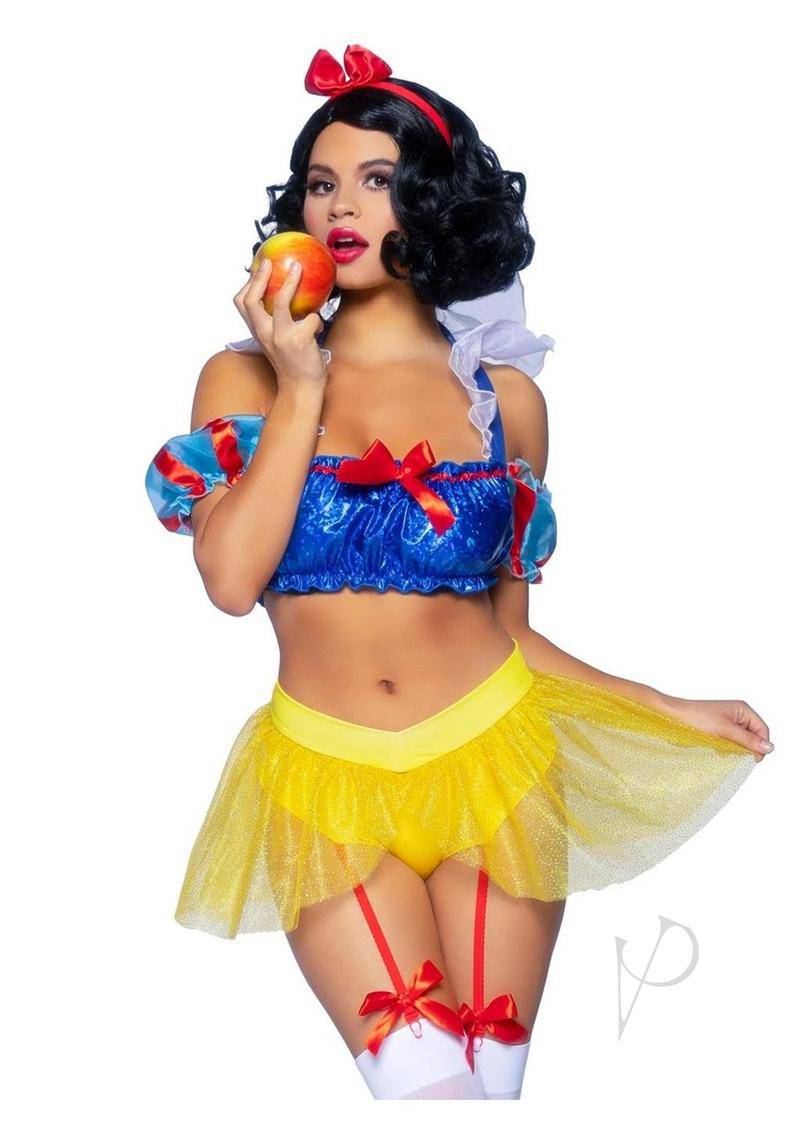 Bad Apple Snow White, Shimmer Halter Bandeau with Organza Puff Sleeves and Ruffle Collar, Garter Panty with Shimmer Sheer Skirt, and Matching Bow Headband (3 Piece) - Medium - Multicolor - Chambre Rouge