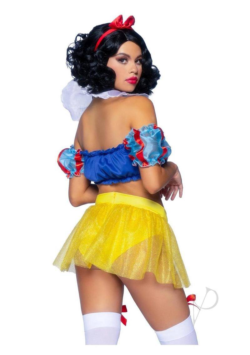 Bad Apple Snow White, Shimmer Halter Bandeau with Organza Puff Sleeves and Ruffle Collar, Garter Panty with Shimmer Sheer Skirt, and Matching Bow Headband (3 Piece) - Medium - Multicolor - Chambre Rouge