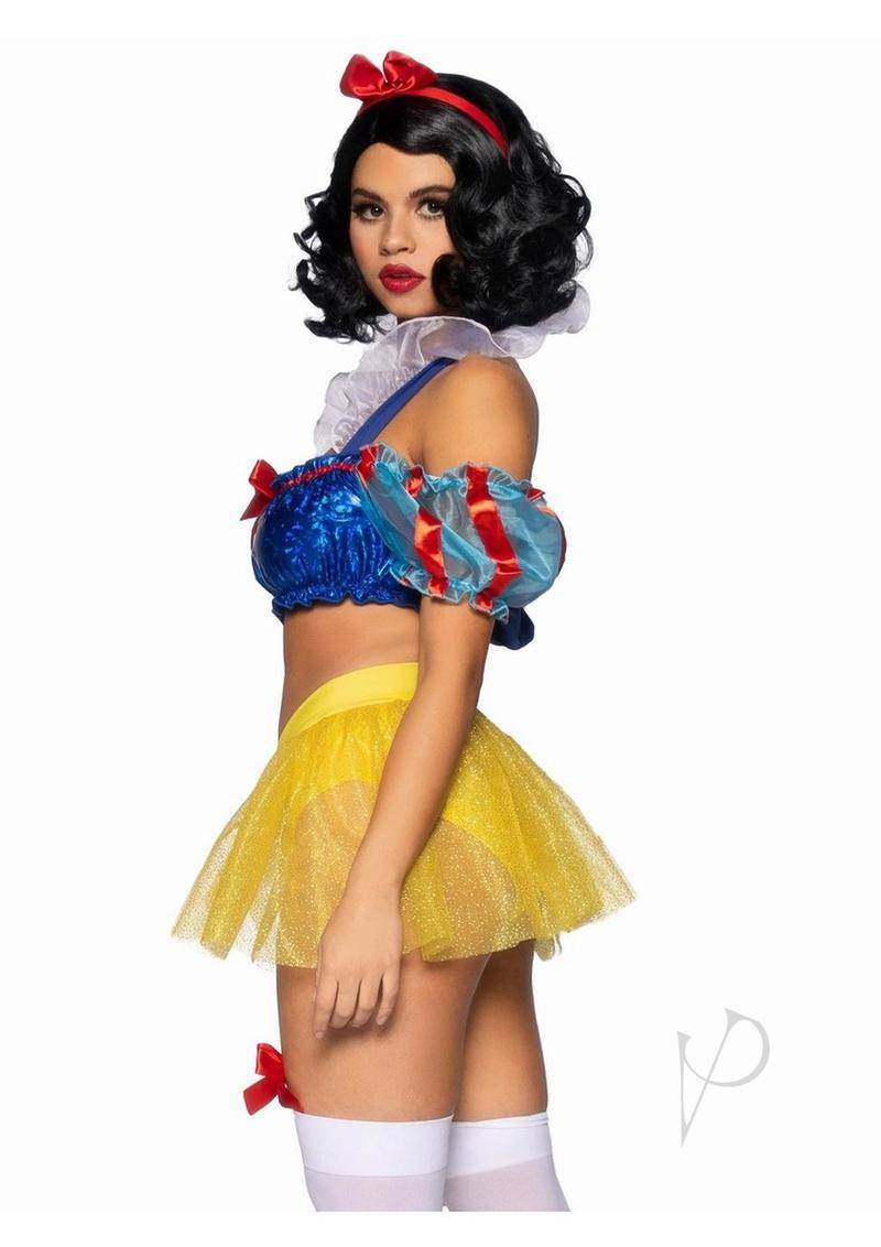 Bad Apple Snow White, Shimmer Halter Bandeau with Organza Puff Sleeves and Ruffle Collar, Garter Panty with Shimmer Sheer Skirt, and Matching Bow Headband (3 Piece) - XSmall - Multicolor - Chambre Rouge