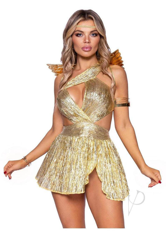 Golden Angel Pleated Asymetrical Cut-Out Dress With High Slit Skirt, Matching Panties, Headband, and Mini Angel Wings (4 Piece) - XSmall - Gold - Chambre Rouge