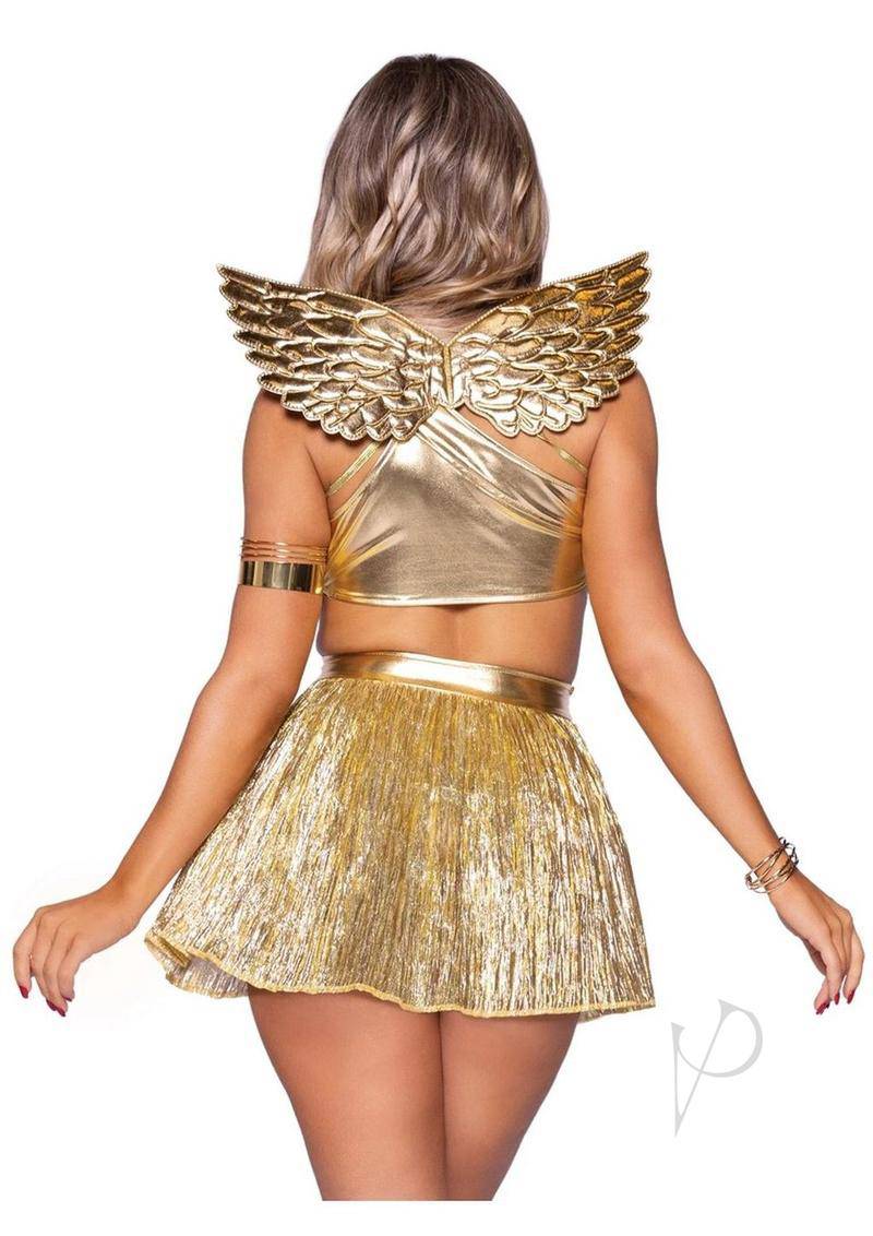 Golden Angel Pleated Asymetrical Cut-Out Dress With High Slit Skirt, Matching Panties, Headband, and Mini Angel Wings (4 Piece) - XSmall - Gold - Chambre Rouge