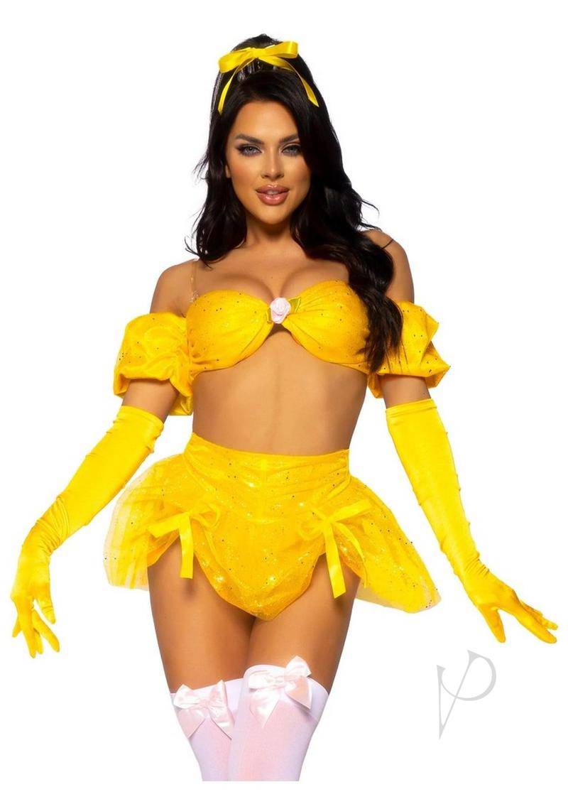 Fairytale Beauty Glitter Shimmer Bra Top with Gathered Rosette Center and Puff Sleeves, High Waist Panty with Ribbon Pick-Up Skirt, Removable Clear Straps, and Matching Hair Ribbon (4 Piece) - Small - Yellow - Chambre Rouge