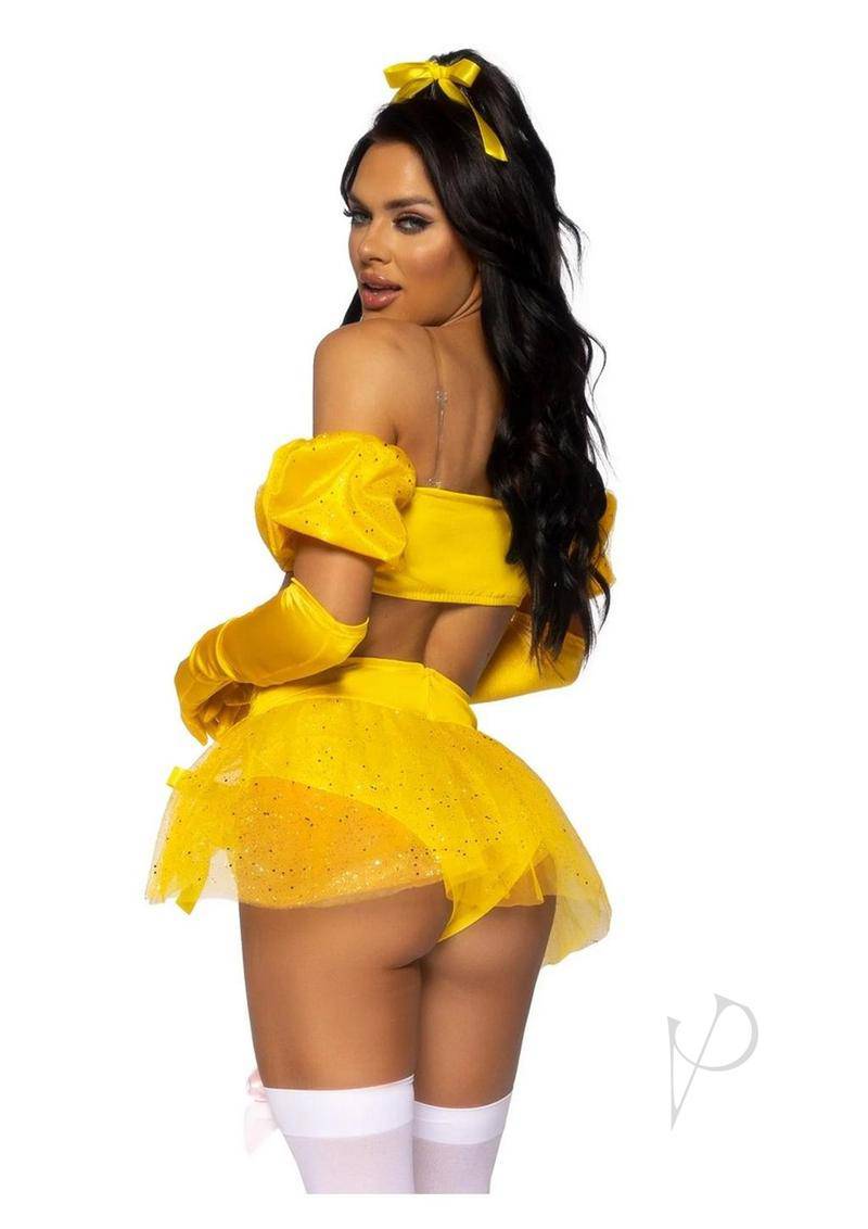 Fairytale Beauty Glitter Shimmer Bra Top with Gathered Rosette Center and Puff Sleeves, High Waist Panty with Ribbon Pick-Up Skirt, Removable Clear Straps, and Matching Hair Ribbon (4 Piece) - Small - Yellow - Chambre Rouge