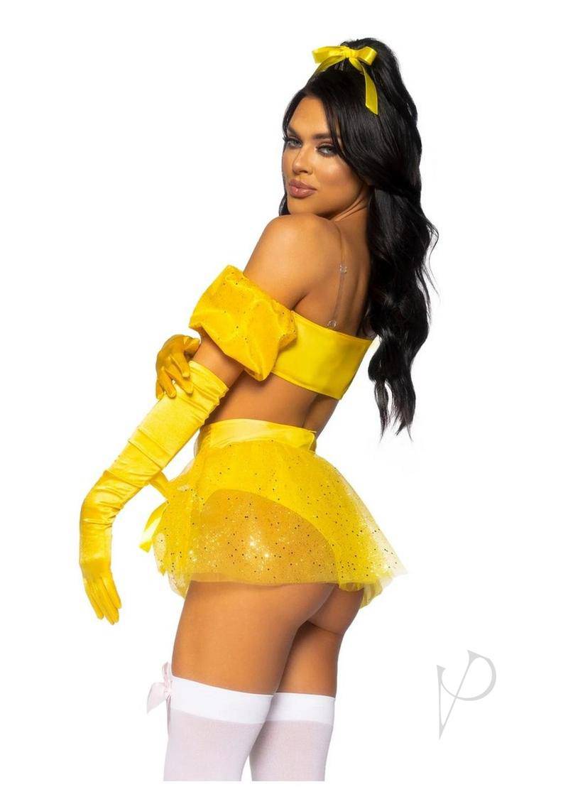 Fairytale Beauty Glitter Shimmer Bra Top with Gathered Rosette Center and Puff Sleeves, High Waist Panty with Ribbon Pick-Up Skirt, Removable Clear Straps, and Matching Hair Ribbon (4 Piece) - XSmall - Yellow - Chambre Rouge