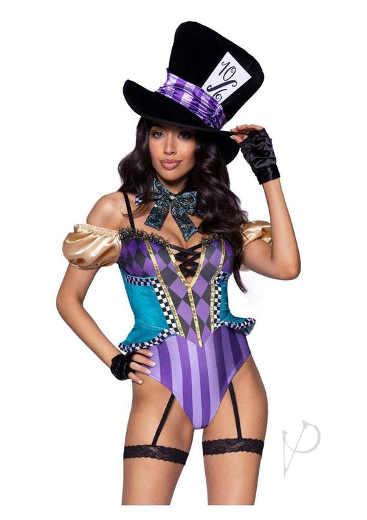 Mischievous Mad Hatter Garter Bodysuit(3 Piece) - Small - Multicolor - Chambre Rouge