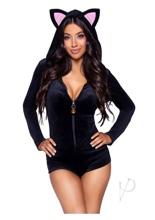 Comfy Cat Ultra-Soft Velvet Plush Zip Up Romper  Small - Black - Chambre Rouge