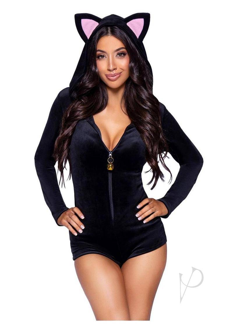 Comfy Cat Ultra-Soft Velvet Plush Zip Up Romper Medium - Black - Chambre Rouge