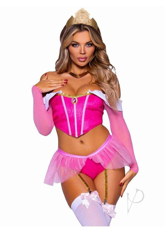 Dreamy Princess Velvet Boned Crop Top with Jewel Accent, Garter Panty with Peplum Skirt, Removable Clear Straps, and Crown Headband (4 Piece) - Large - Pink - Chambre Rouge