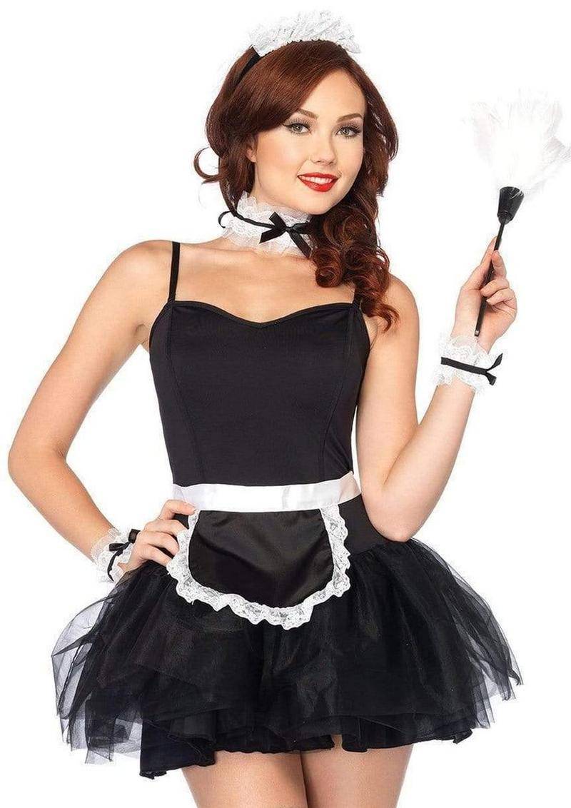 French Maid Kit, Apron, Neck Piece, Wrist Cuffs, and Headband (4 Piece) - O/S - Black/White - Chambre Rouge