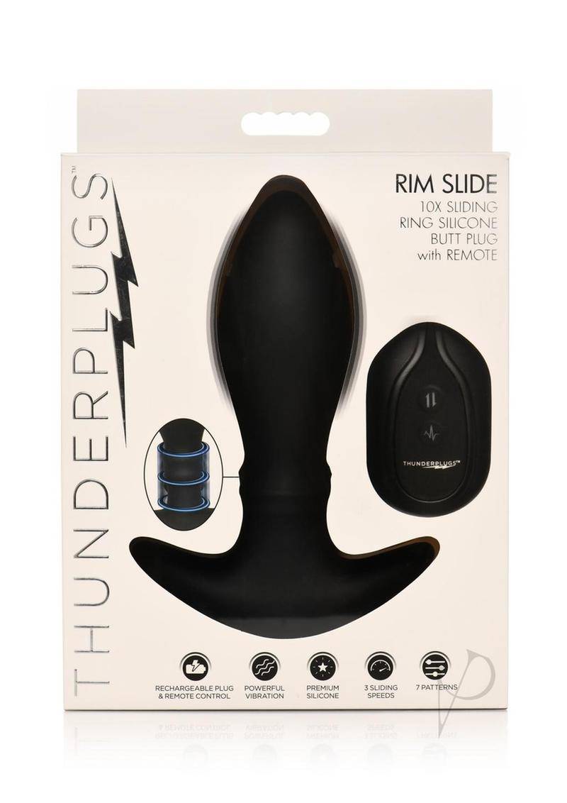 Thunder Plugs Rim Slide 7x Sliding Ring Silicone Rechargeable Butt Plug with Remote Control - Black - Chambre Rouge