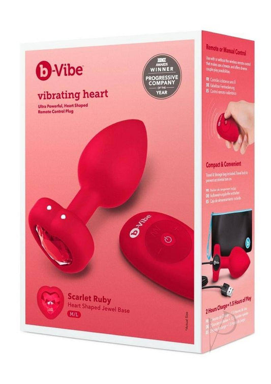 Vibrating Heart Shape Jewel Rechargeable Silicone Anal Plug with Remote - Medium/Large - Red - Chambre Rouge