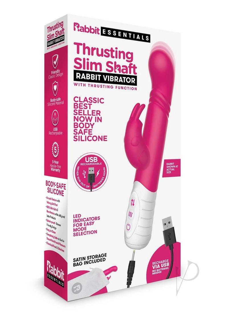 Rabbit Essentials Silicone Rechargeable Slim Shaft Thrusting G-Spot Rabbit Vibrator - Pink - Chambre Rouge