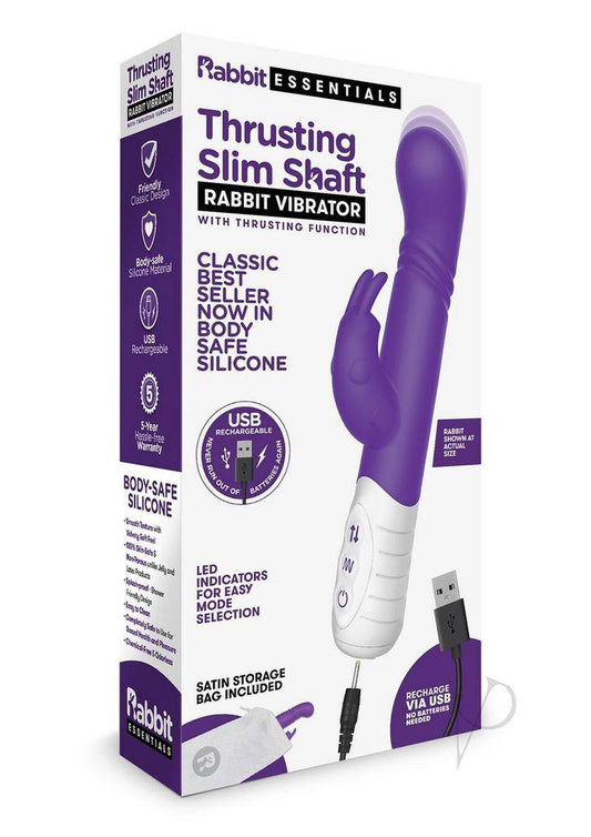 Rabbit Essentials Silicone Rechargeable Slim Shaft Thrusting G-Spot Rabbit Vibrator - Purple - Chambre Rouge