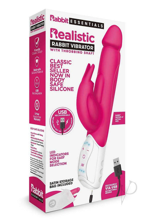 Rabbit Essentials Rechargeable Silicone Realistic Rabbit - Hot Pink - Chambre Rouge