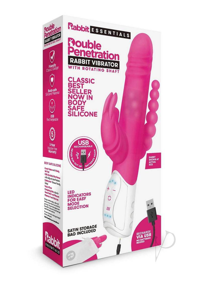 Rabbit Essential Silicone Rechargeable Double Penetration Rabbit Vibrator - Hot Pink - Chambre Rouge