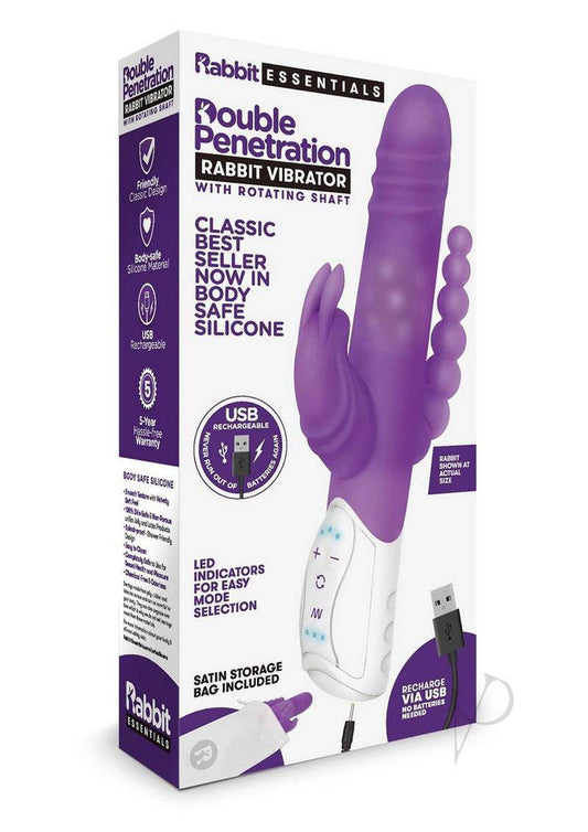 Rabbit Essential Silicone Rechargeable Double Penetration Rabbit Vibrator - Purple - Chambre Rouge