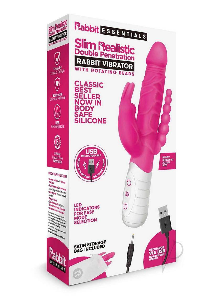 Rabbit Essentials Silicone Rechargeable Slim Realistic Double Penetration Rabbit Vibrator - Hot Pink - Chambre Rouge