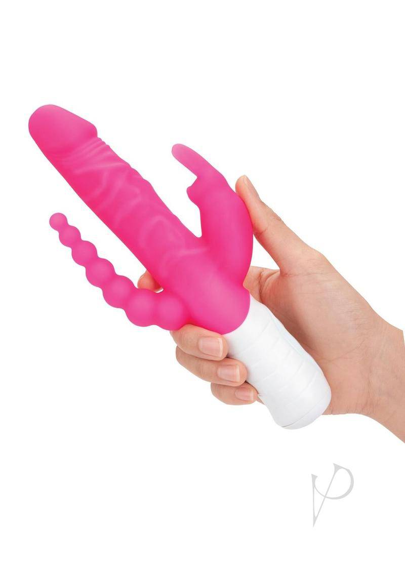 Rabbit Essentials Silicone Rechargeable Slim Realistic Double Penetration Rabbit Vibrator - Hot Pink - Chambre Rouge