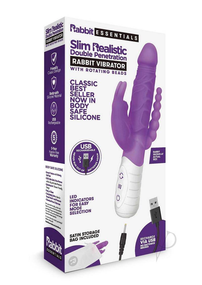 Rabbit Essentials Silicone Rechargeable Slim Realistic Double Penetration Rabbit Vibrator - Purple - Chambre Rouge