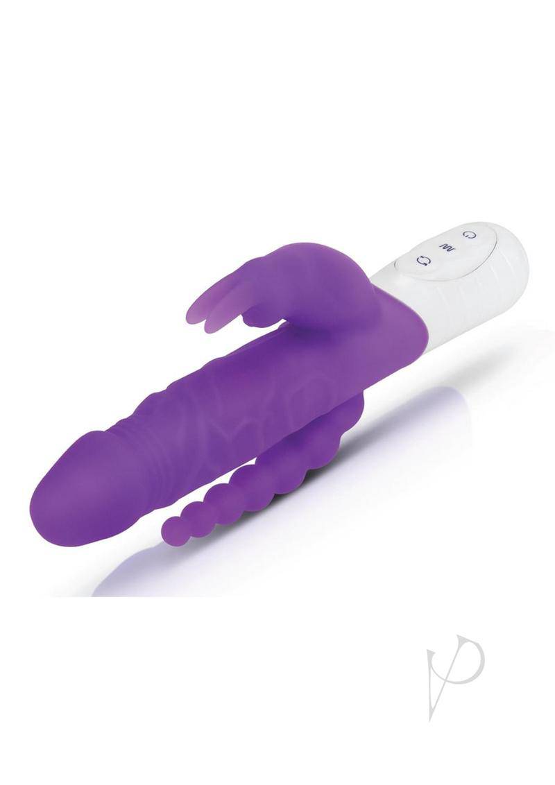 Rabbit Essentials Silicone Rechargeable Slim Realistic Double Penetration Rabbit Vibrator - Purple - Chambre Rouge