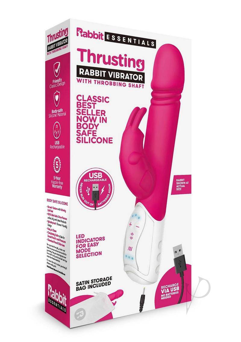 Rabbit Essentials Silicone Rechargeable Thrusting Rabbit Vibrator - Hot Pink - Chambre Rouge