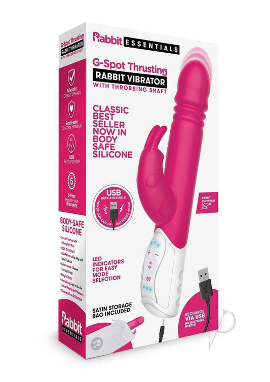 Rabbit Essentials Silicone Rechargeable G-Spot Thrusting Rabbit Vibrator - Hot Pink - Chambre Rouge