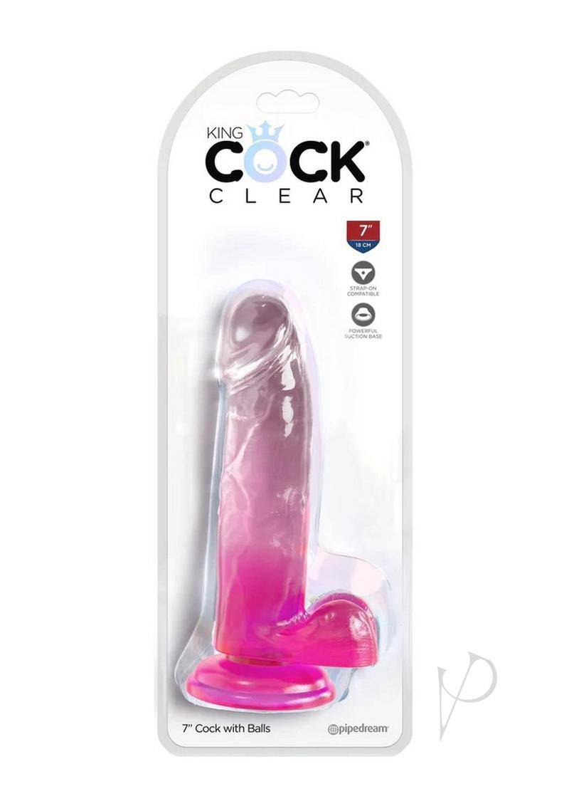 King Cock Clear Dildo with Balls 7in - Pink - Chambre Rouge