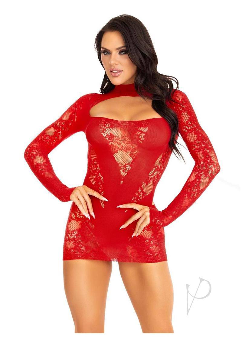 Lace Keyhole Mini Dress Gloves Os Red - Chambre Rouge