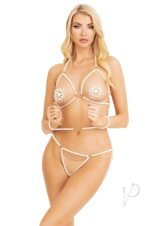 Faux Pearl Bra Gstring Restraint Os Wht - Chambre Rouge