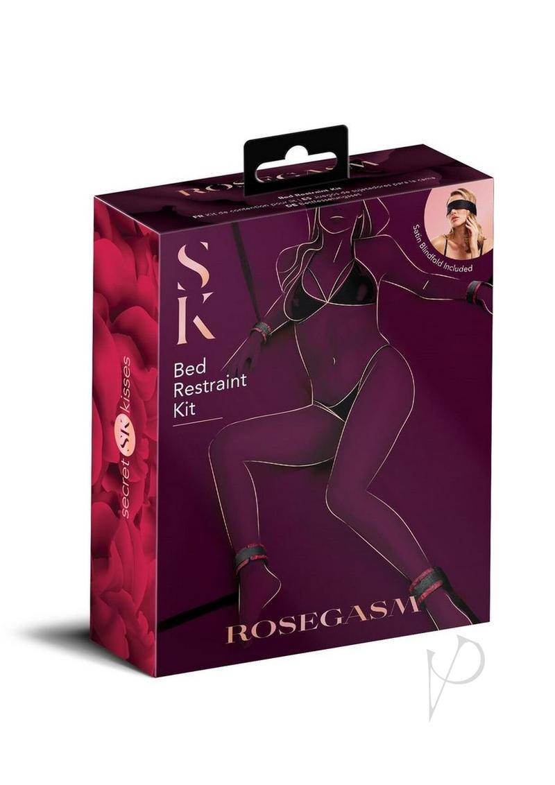 Secret Kisses Rosegasm Bed Restraint Kit with Satin Blindfold - Red/Black - Chambre Rouge