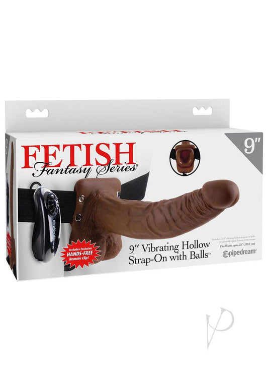 Fetish Fantasy Series Vibrating Hollow Strap-On Dildo with Balls and Harness with Remote Control 9in - Chocolate