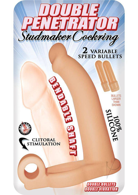 Double Penetrator Studmaker Silicone Vibrating Cock Ring - Vanilla