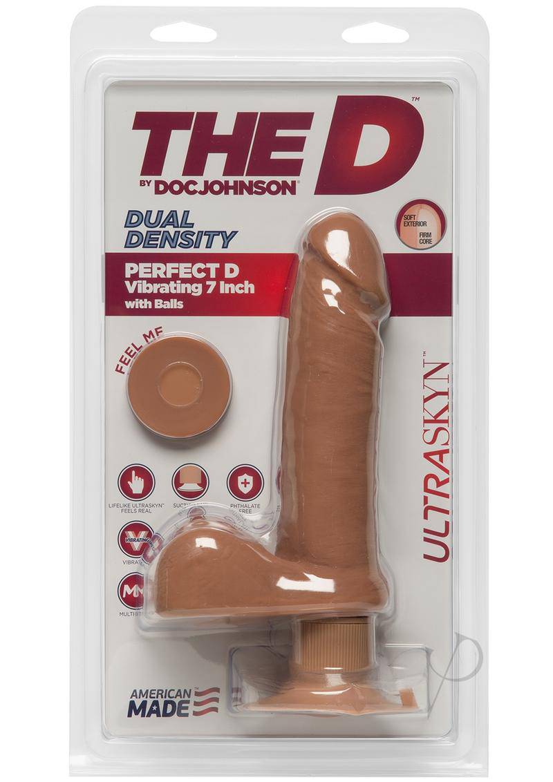 The D Perfect D Ultraskyn Vibrating Dildo with Balls 7in - Caramel