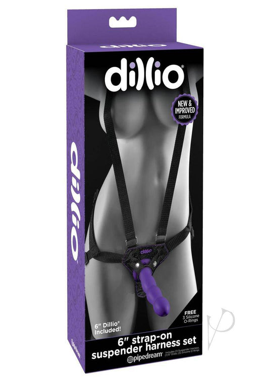 Dillio Strap-On Suspender Harness Set Black with Silicone Dong 6in - Purple