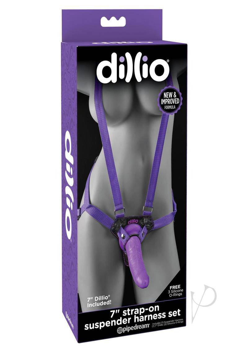 Dillio Strap-On Suspender Harness Set with Silicone Dildo 7in - Purple